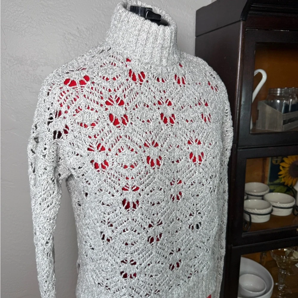 American Eagle Gray Crochet Mock Neck Open Knit Sweater Size S